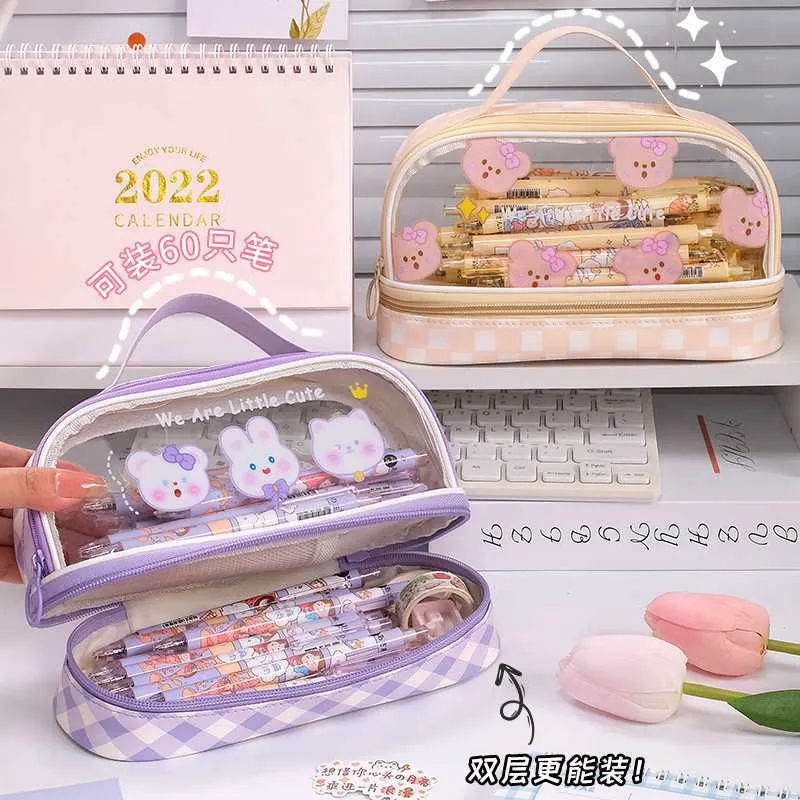 Cute Transparent Cartoon Bear Bunny Pencil Case Double Layer